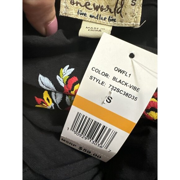 One World Floral Embroidered Boho Peasant Blouse Size S Taseled Bell Sleeve NEW - Picture 5 of 7